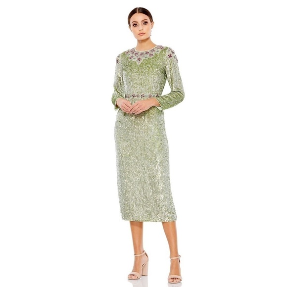 Mac Duggal 93568 Sage Green FLORAL BEADED TEA-LENGTH DRESS sz 4 - Picture 1 of 4